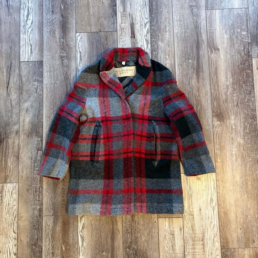 Burberry Brit Womens Wool Coat US 10 Red Gray Plaid Leather Trim
